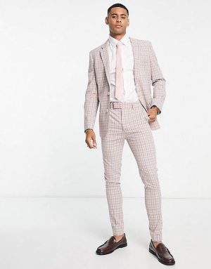 Men Suit Pants | DESIGN super skinny suit in pastel pink and blue micro check- QEL5299