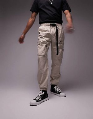 Men Cargo Pants | Topman skinny belted cut and sew cargo pants in stone - YXC7032