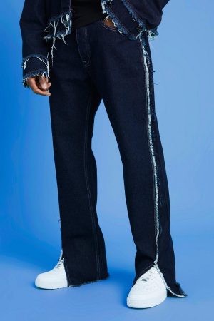 Men's Denim | Relaxed Fit Frayed Seam Jeans With Split Hem - IN35582